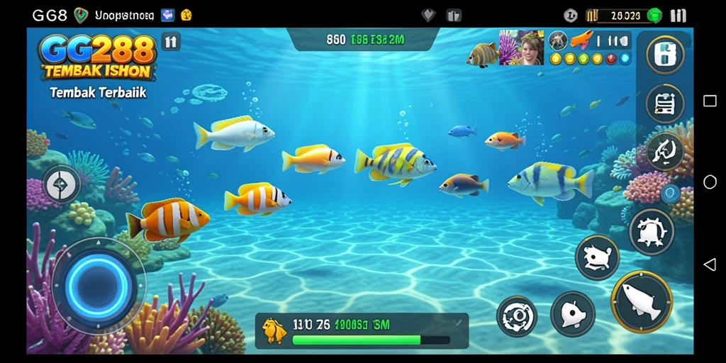 Screenshot dari gameplay GG288 yang menampilkan aksi tembak ikan.