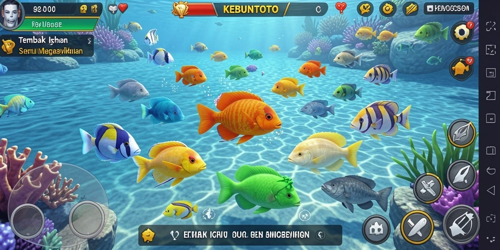 Tampilan gameplay KEBUNTOTO dengan berbagai ikan yang menanti untuk ditangkap.