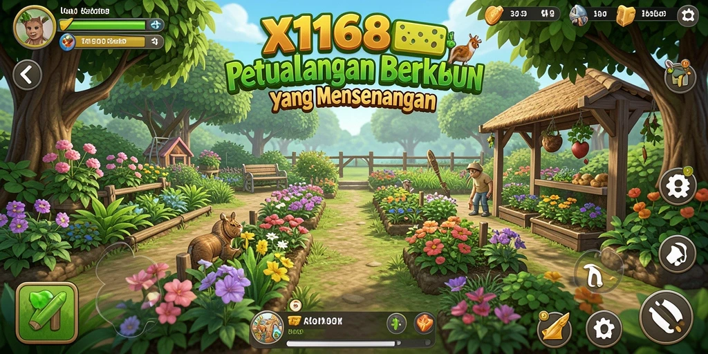 Screenshot gameplay X168 yang menunjukkan ladang yang subur dan penuh warna.